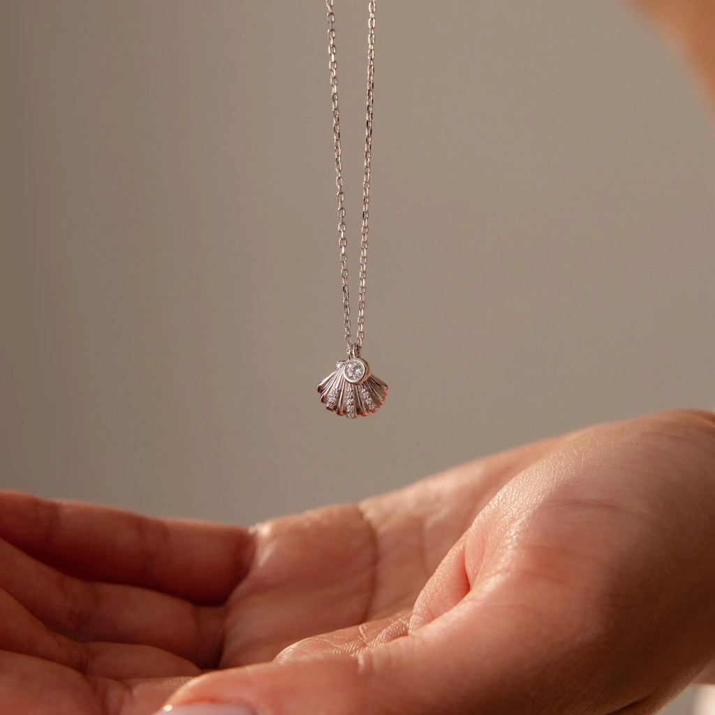 Diamond Seashell Charm Necklace Silver 18K Gold Plated