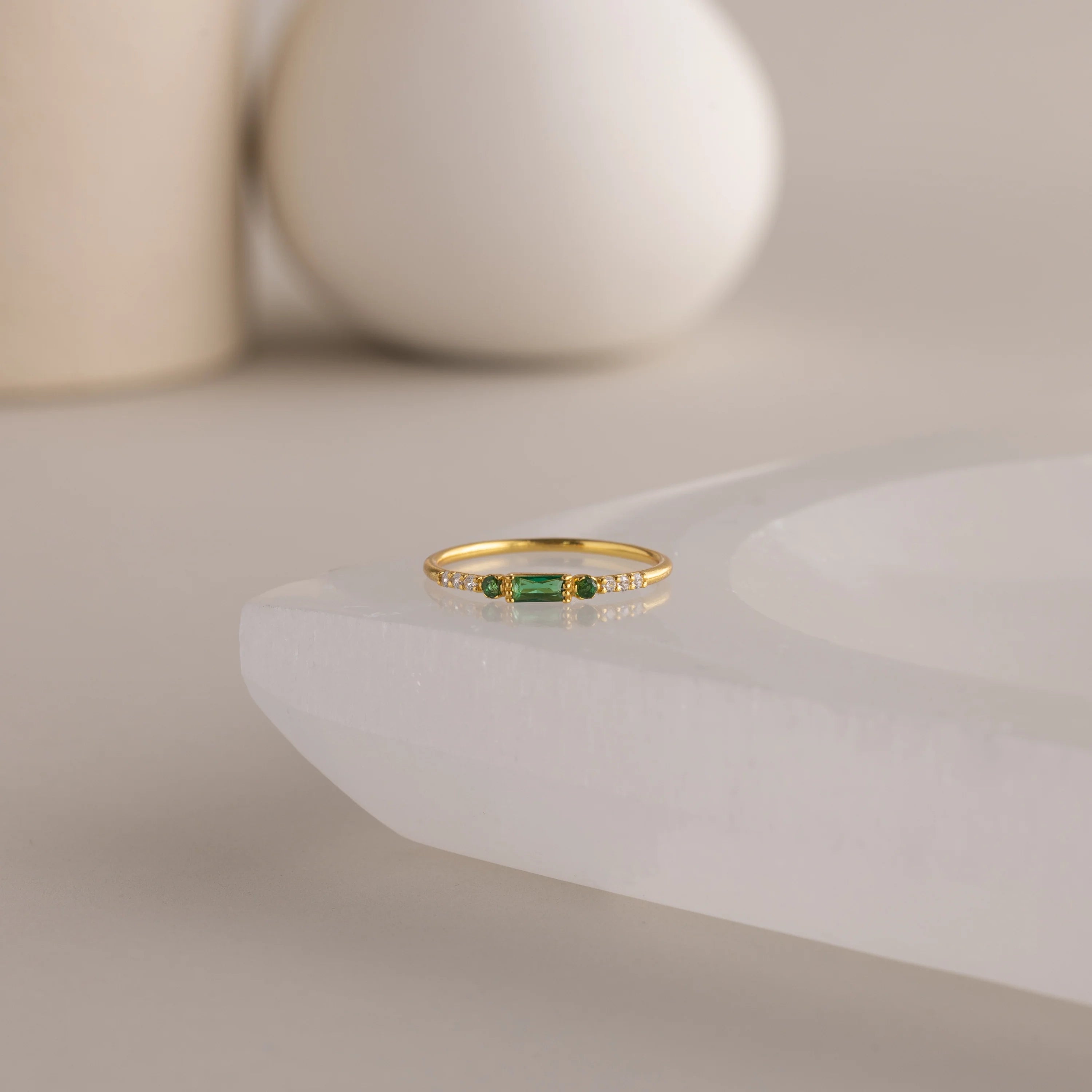Dainty Baguette Birthstone Ring Silver 18K Gold Plated