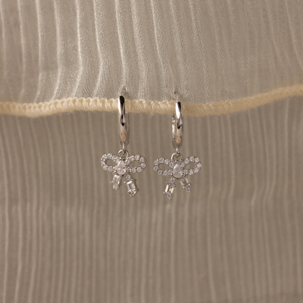 Pave Bow Charm Hoops Silver 18K Gold Plated