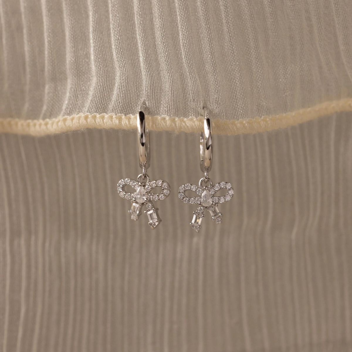 Pave Bow Charm Hoops Silver 18K Gold Plated