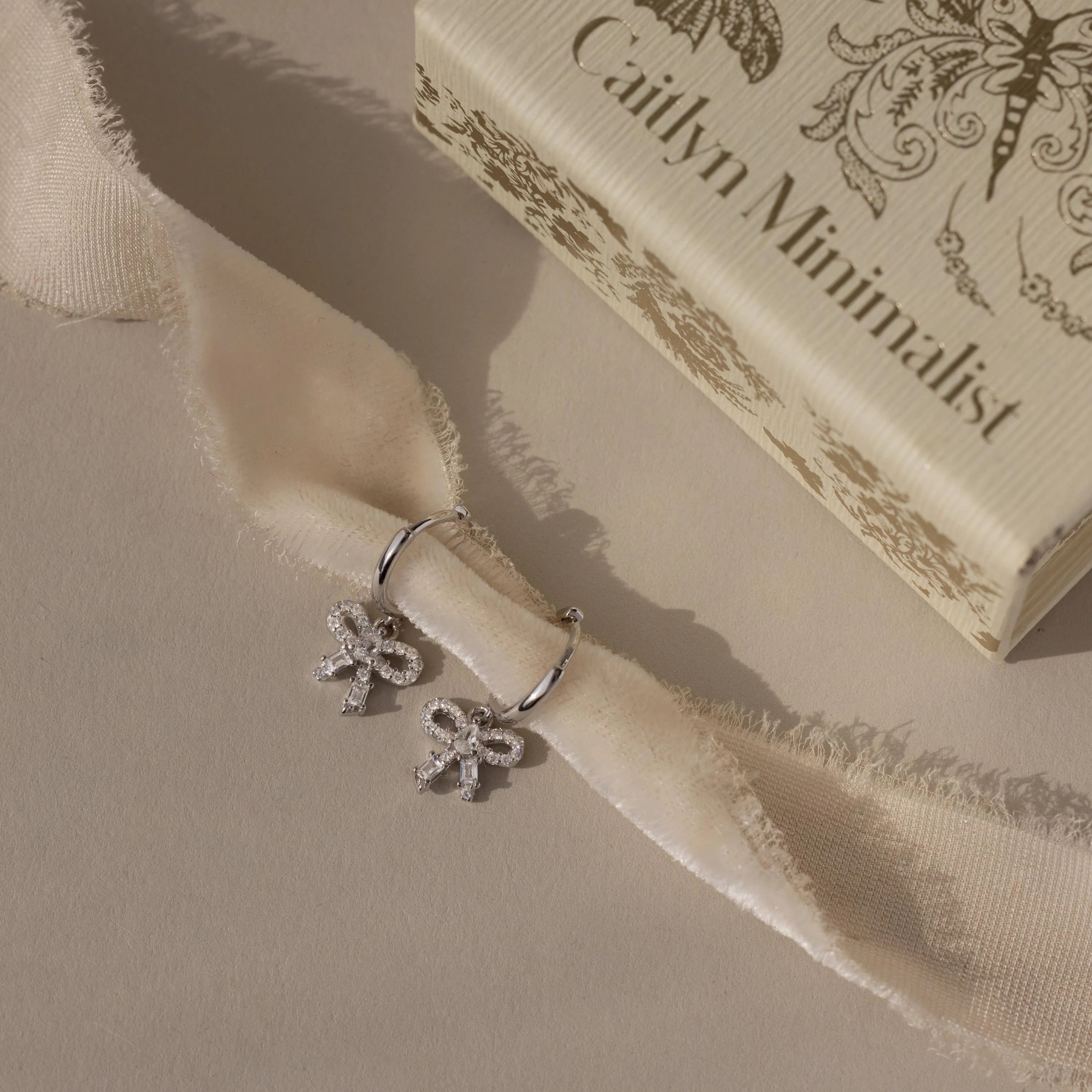 Diamond Pave Bow Charm Hoops Silver 18K Gold Plated
