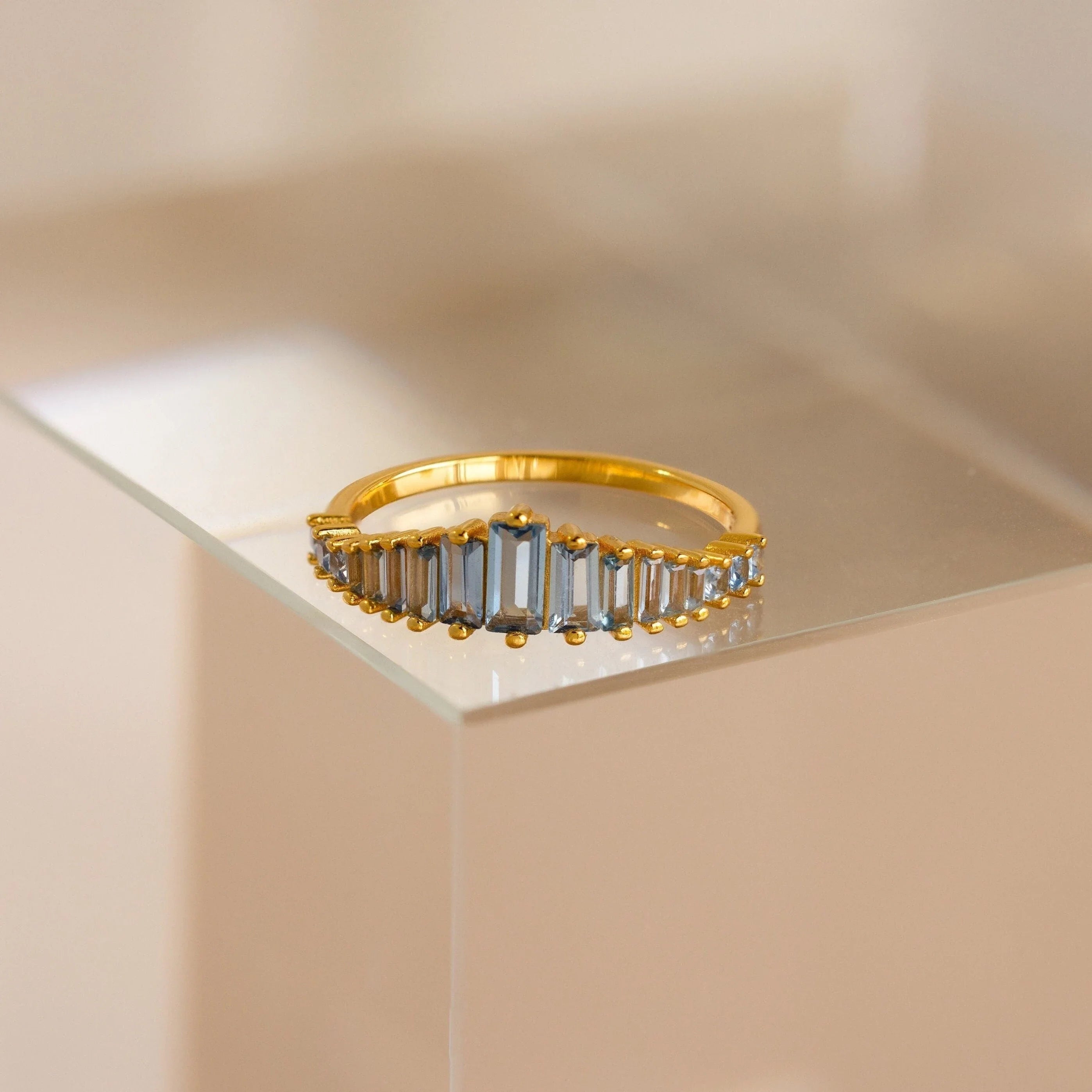 Art Deco Aquamarine Ring Silver 18K Gold Plated