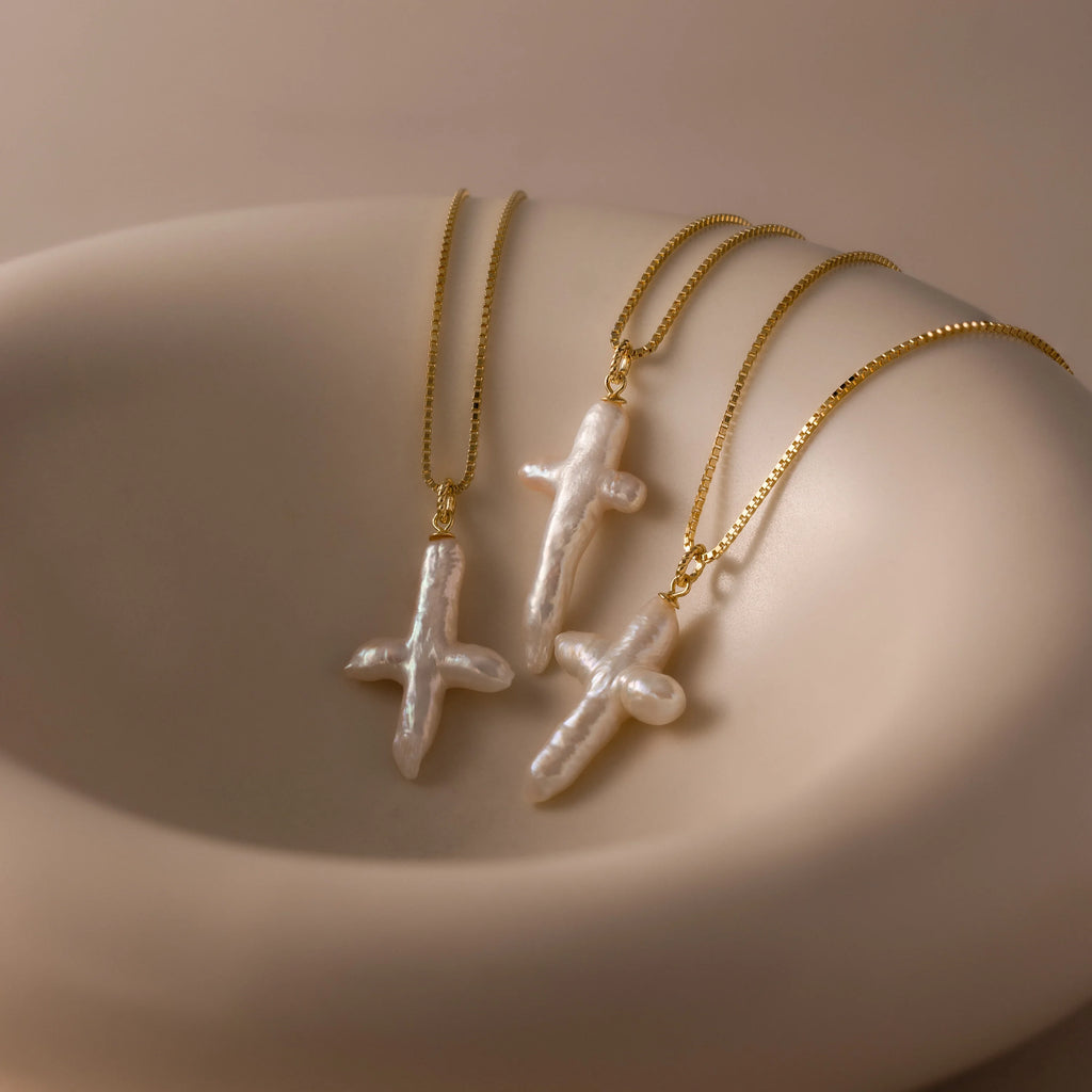 Baroque Pearl Cross Necklace Silver 18K Gold Plated