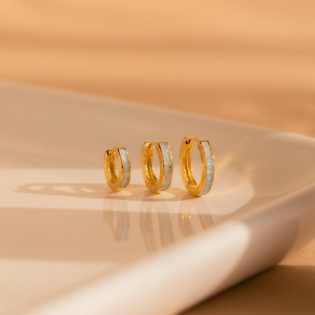 White Opal Inlay Hoops Silver 18K Gold Plated