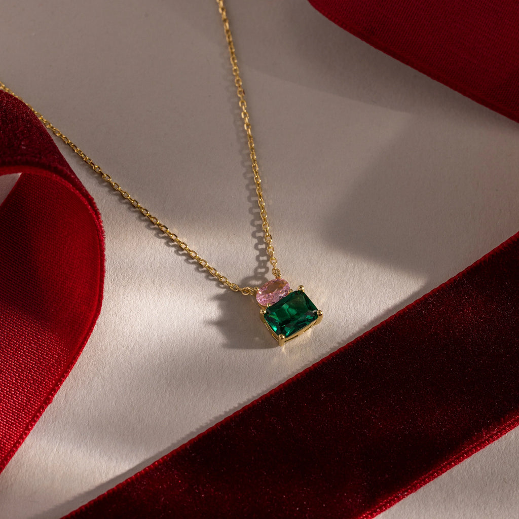 Pink Tourmaline Emerald Bloom Necklace Silver 18K Gold Plated