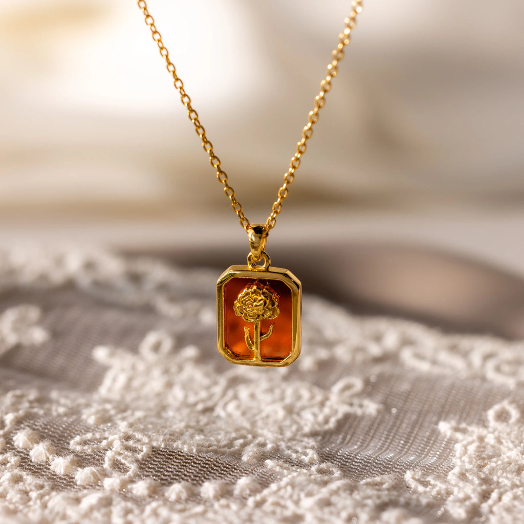 Garnet Birth Flower Charm Necklace Silver 18K Gold Plated