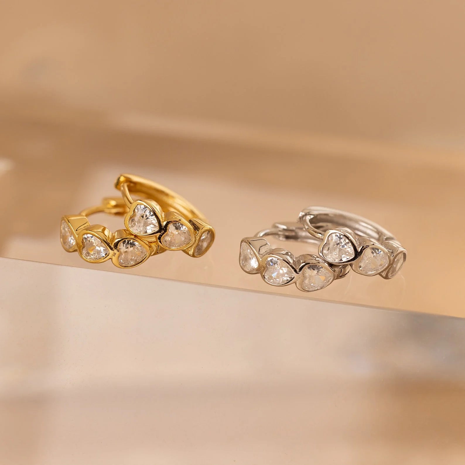 Diamond Bezel Heart Huggies  Silver 18K Gold Plated