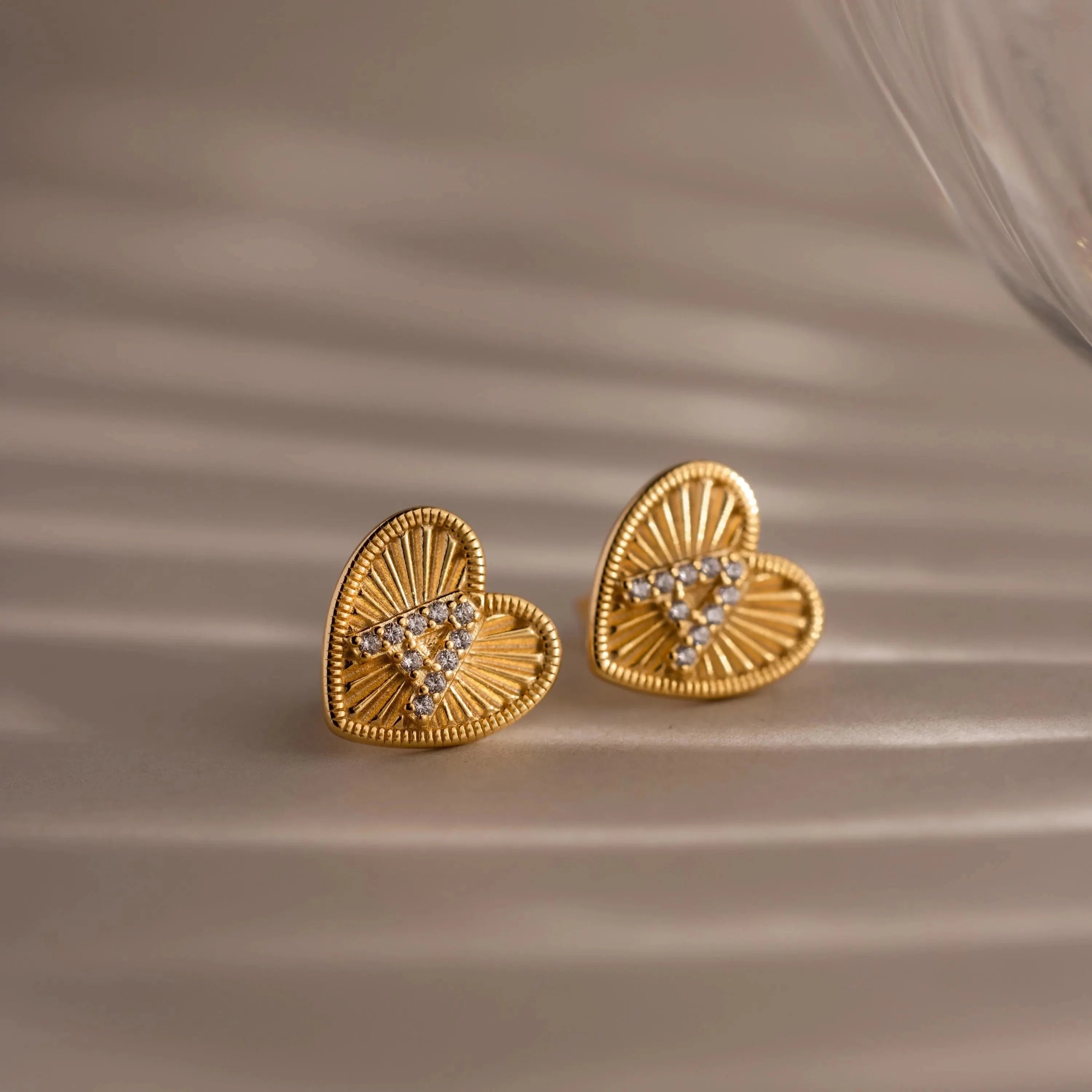 Ribbed Heart Initial Studs  Silver 18K Gold Plated