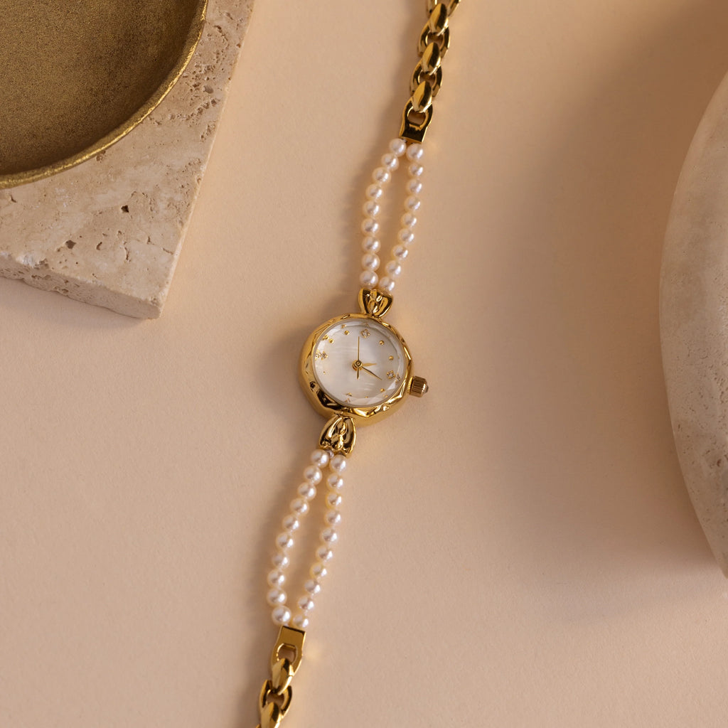 Beaded Pearl Timepiece Silver 18K Gold Plated