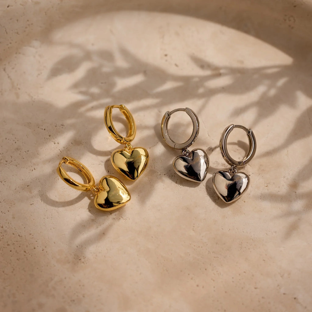 Puff Heart Charm Huggies Silver 18K Gold Plated
