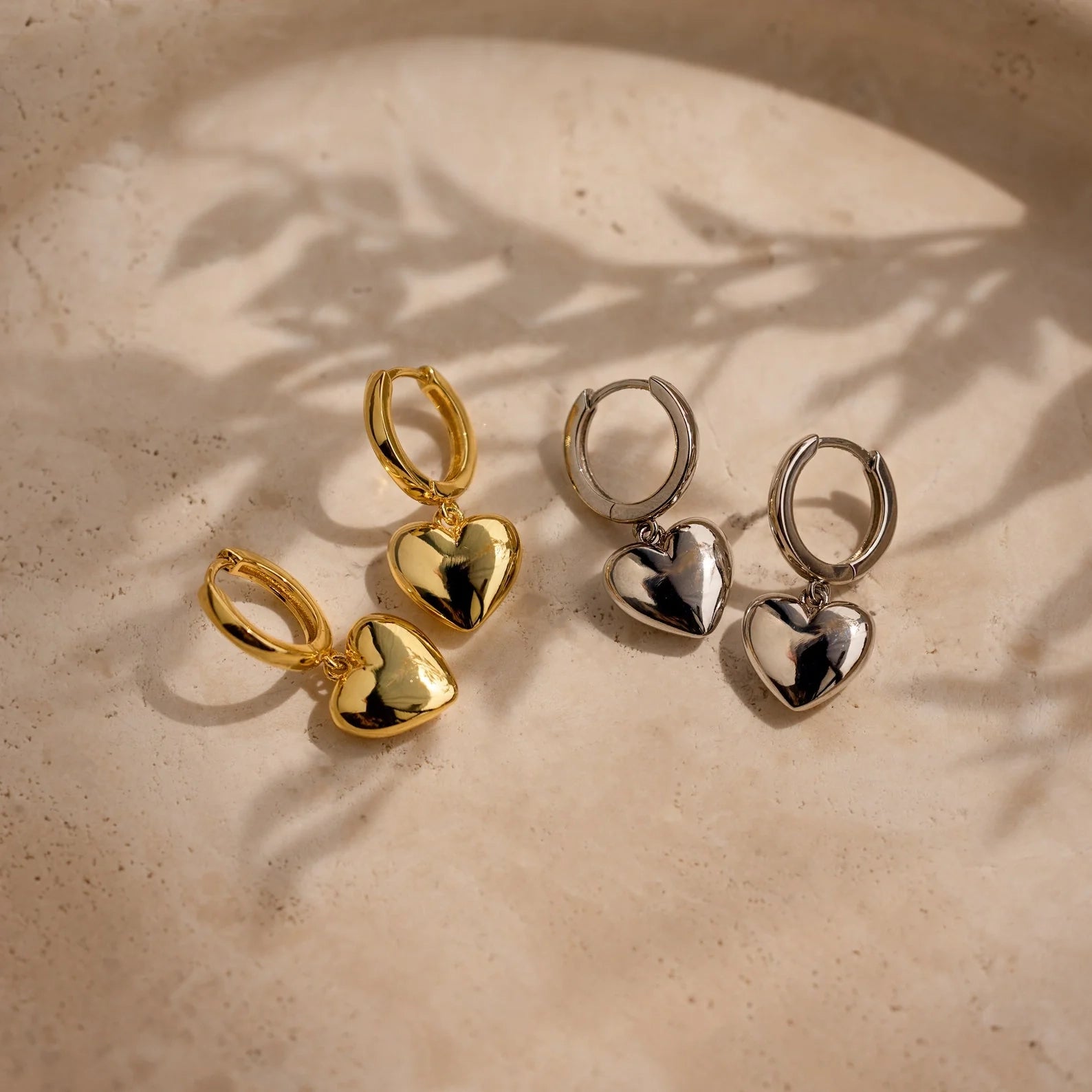 Puff Heart Charm Huggies Silver 18K Gold Plated