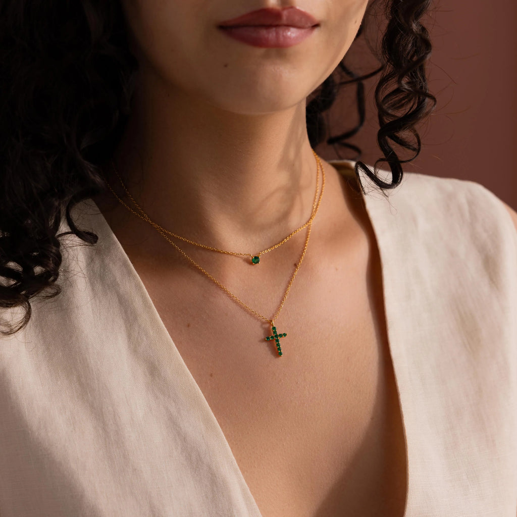 Emerald Pave Cross Necklace Silver 18K Gold Plated