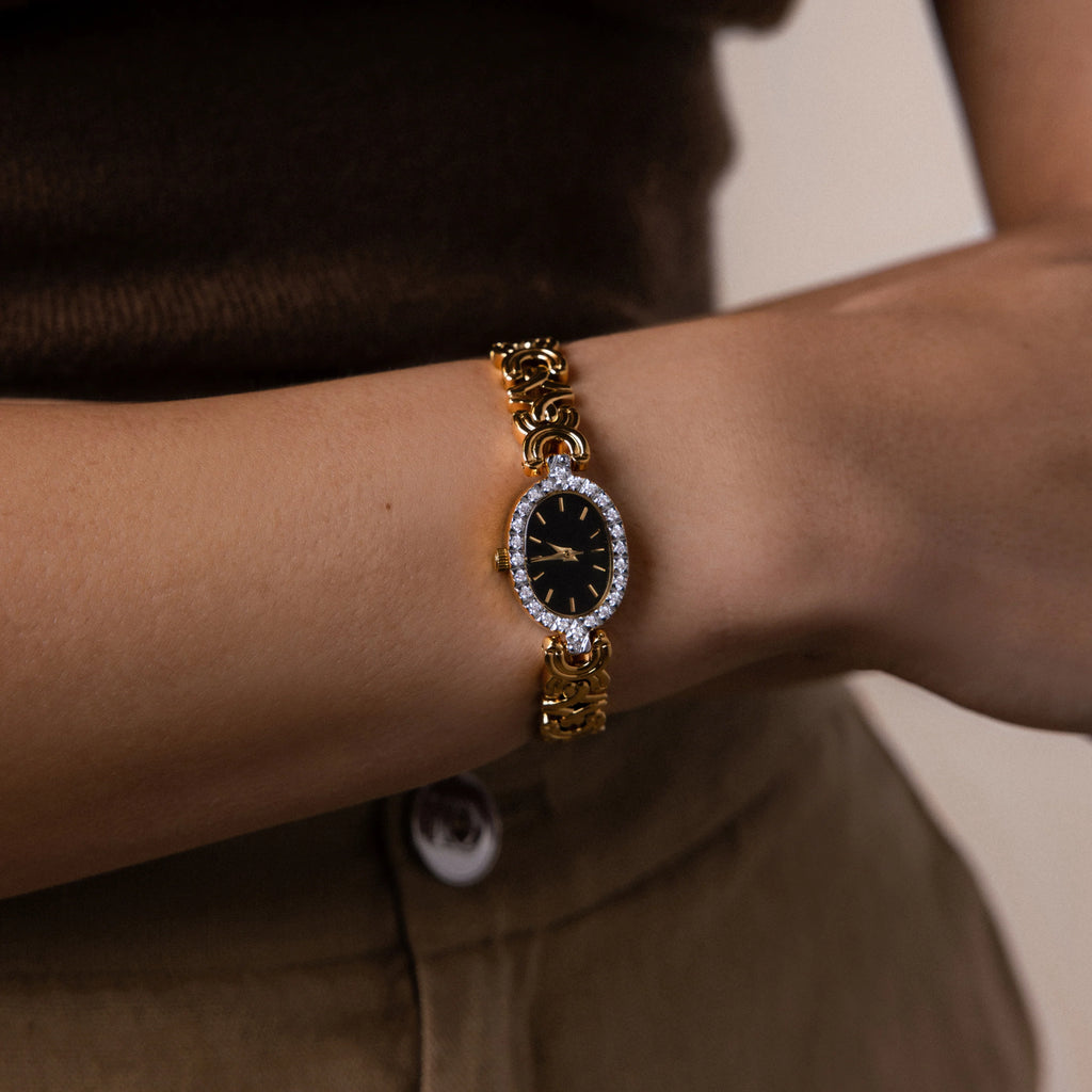 Diamond Pave Onyx Timepiece Silver 18K Gold Plated
