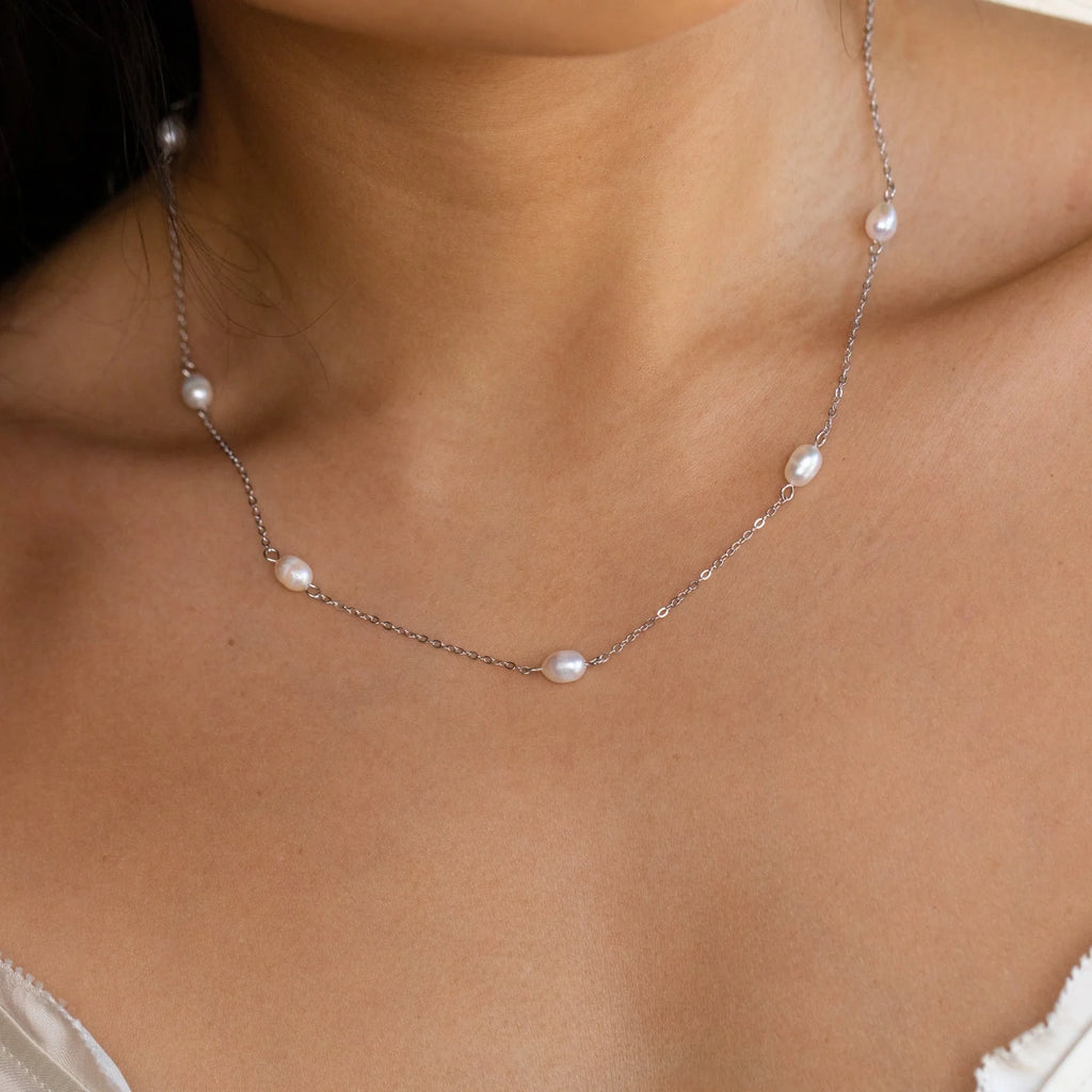 Anna Pearl Station Necklace Silver 18K Gold Plated