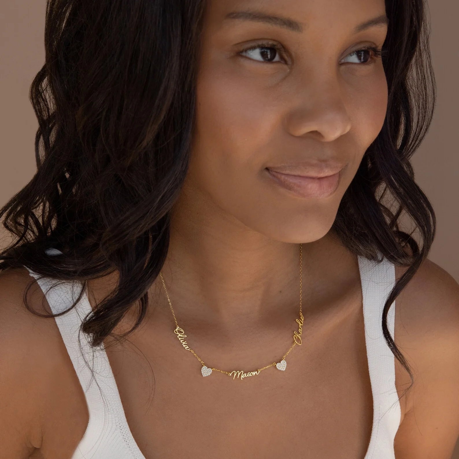 Pavé Heart Name Necklace Silver 18K Gold Plated