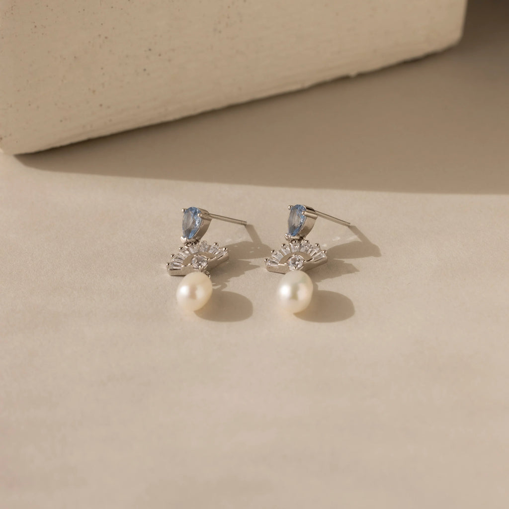 Diamond Aquamarine Pearl Drop Earrings Silver 18K Gold Plated