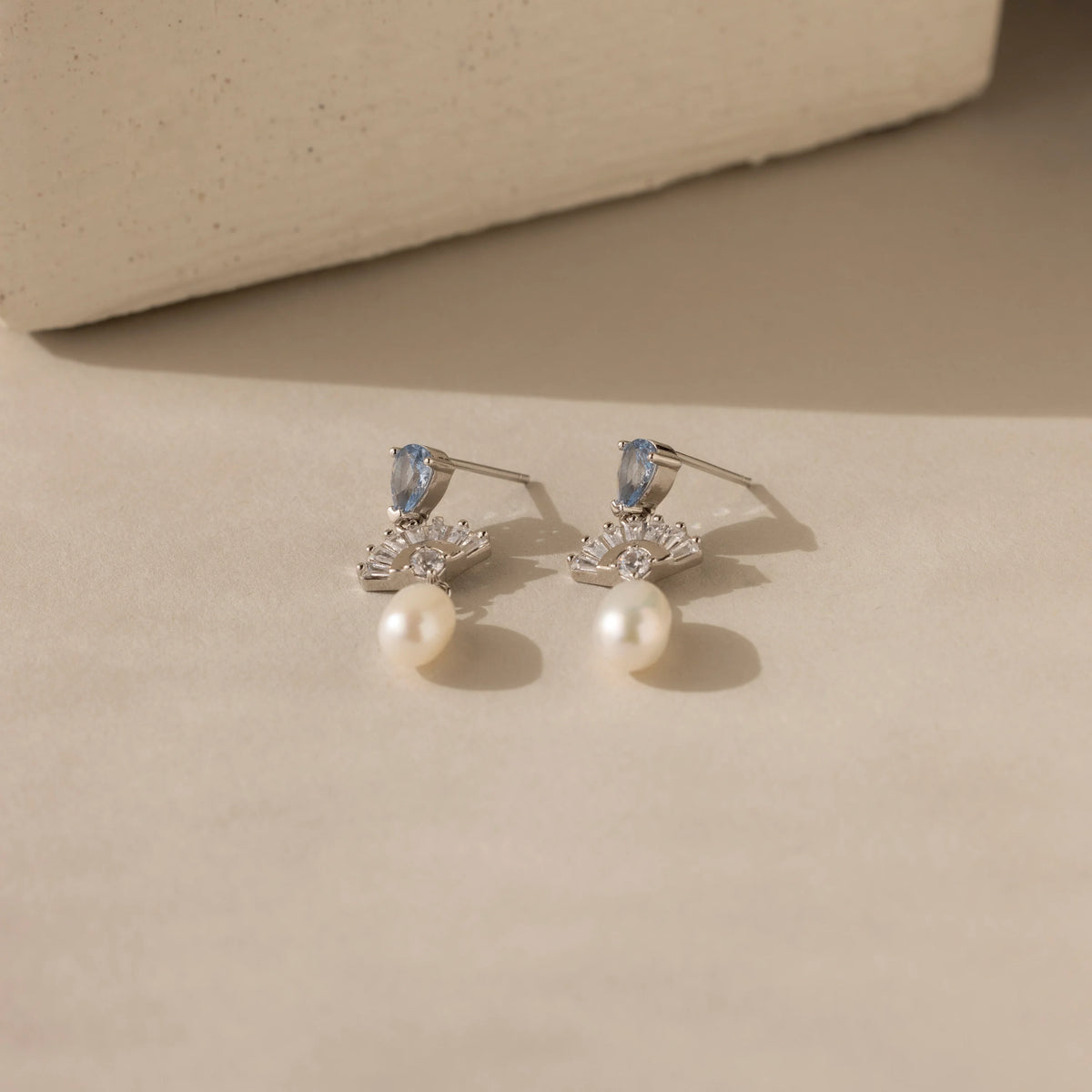Diamond Aquamarine Pearl Drop Earrings Silver 18K Gold Plated