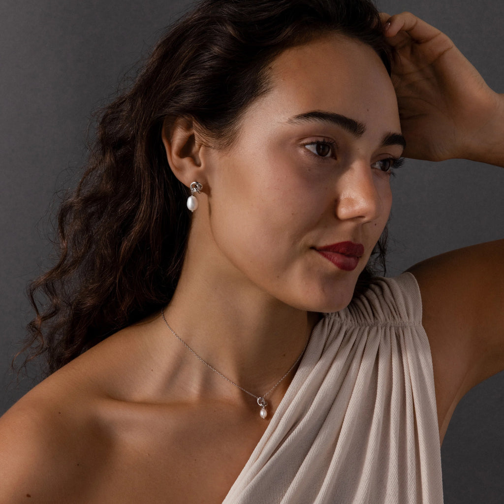 Freshwater Pearl Knot Necklace & Earrings Set  Silver 18K Gold Plated