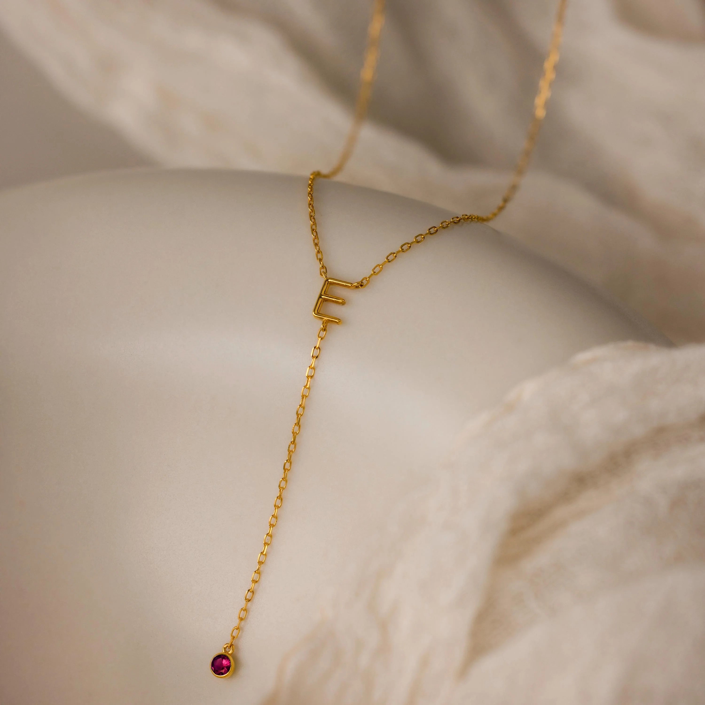 Initial Birthstone Lariat Necklace Silver 18K Gold Plated