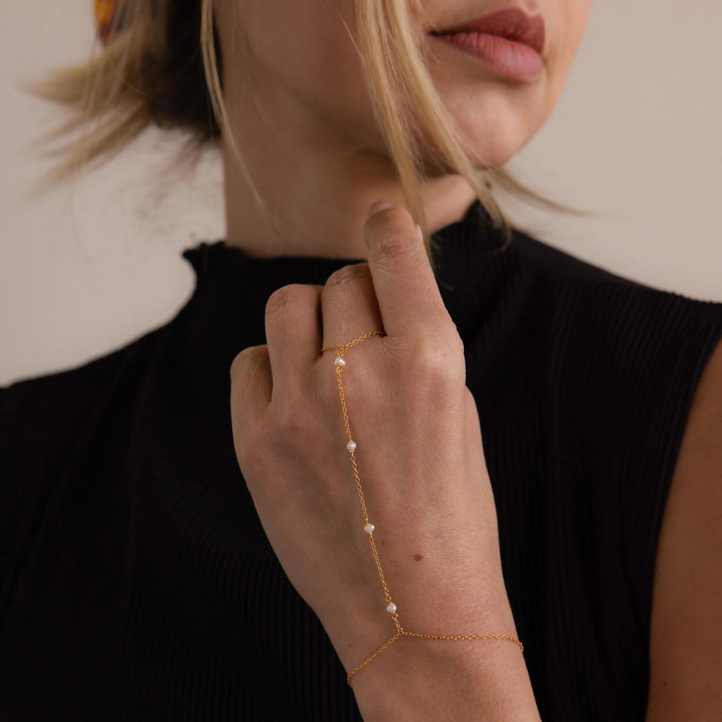 Pearl Hand Chain Bracelet Silver 18K Gold Plated