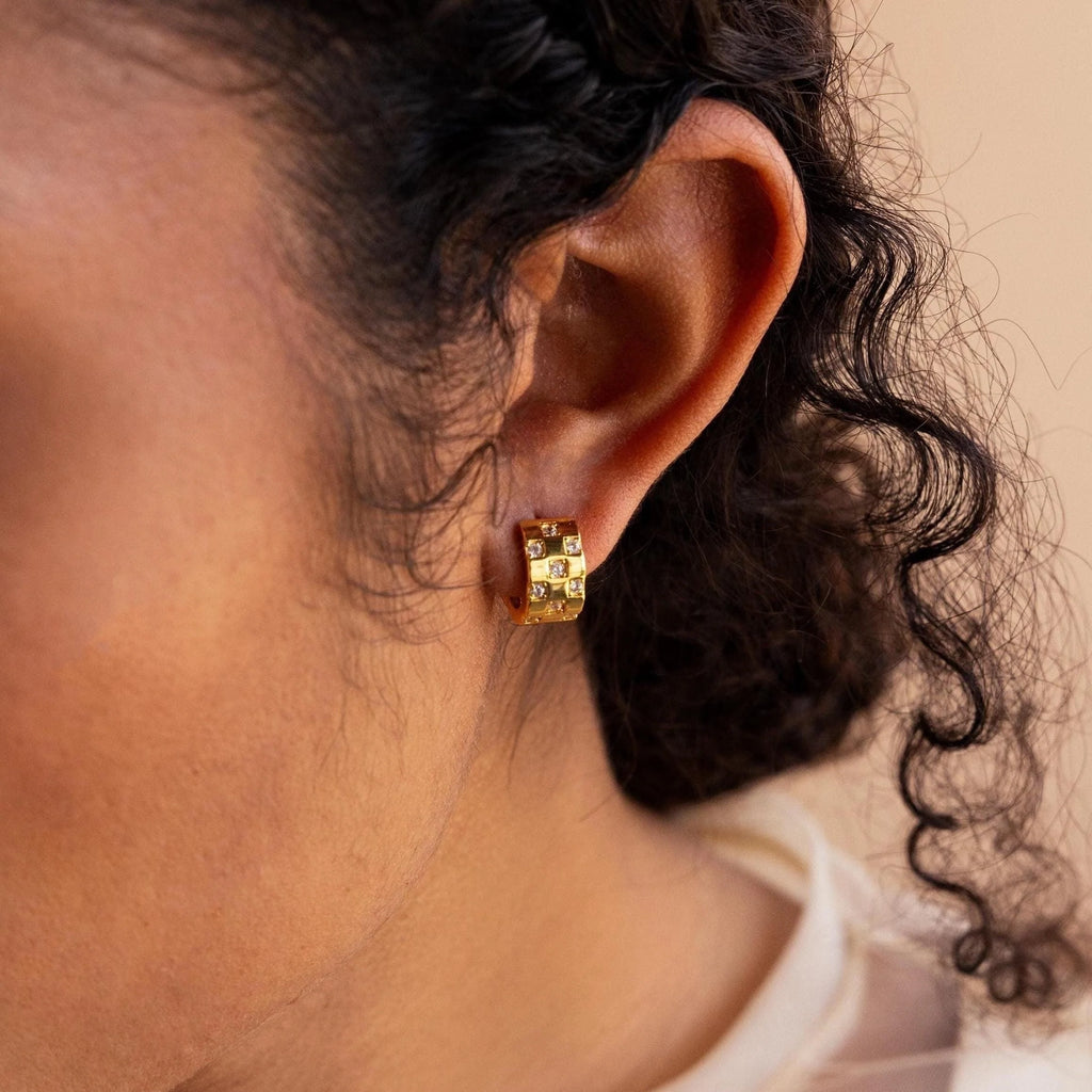 Pave Checkered Huggies Silver 18K Gold Plated