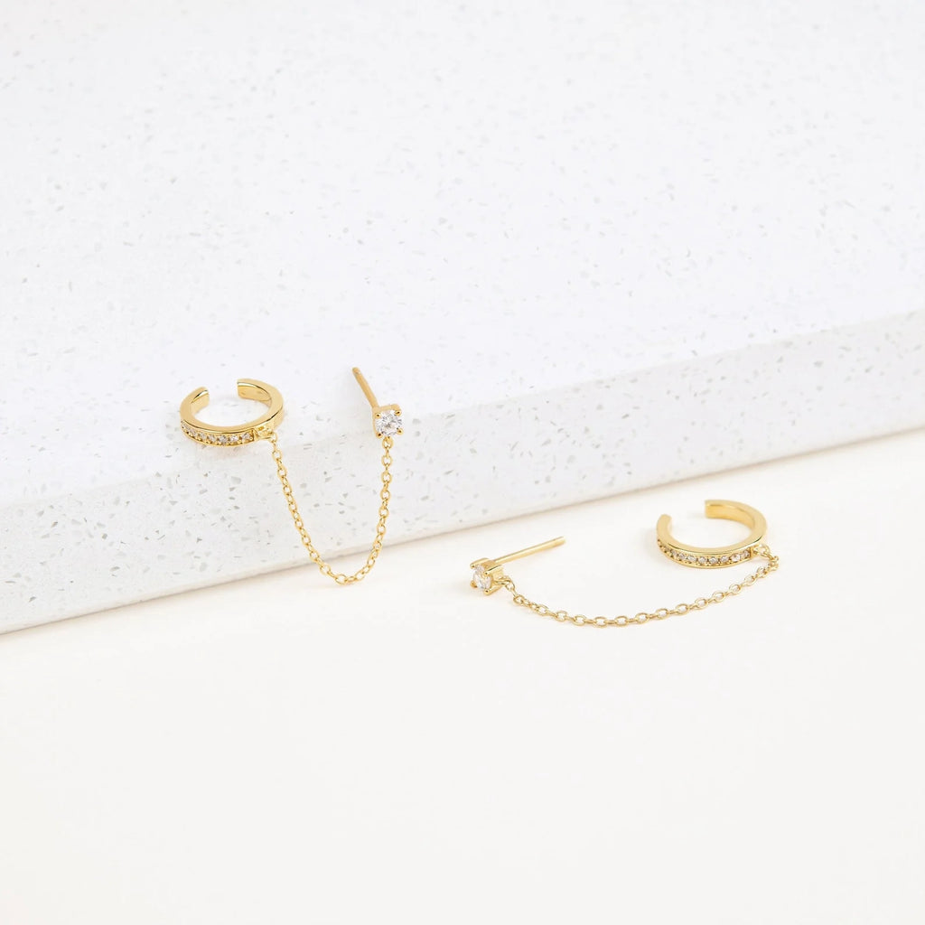 Pave Chain Ear Cuffs Silver 18K Gold Plated