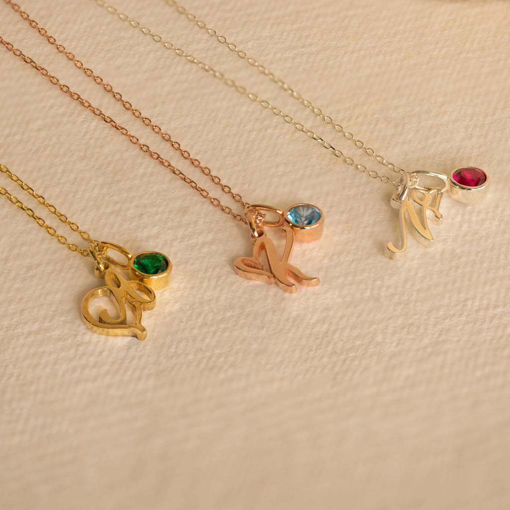 Initial Heart Birthstone Necklace Silver 18K Gold Plated