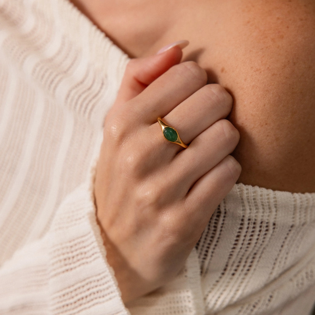 Oval Cut Jade Signet Ring Silver 18K Gold Plated
