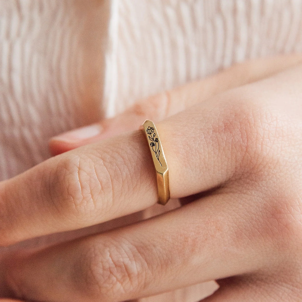 Thin Birth Flower Signet Ring Silver 18K Gold Plated