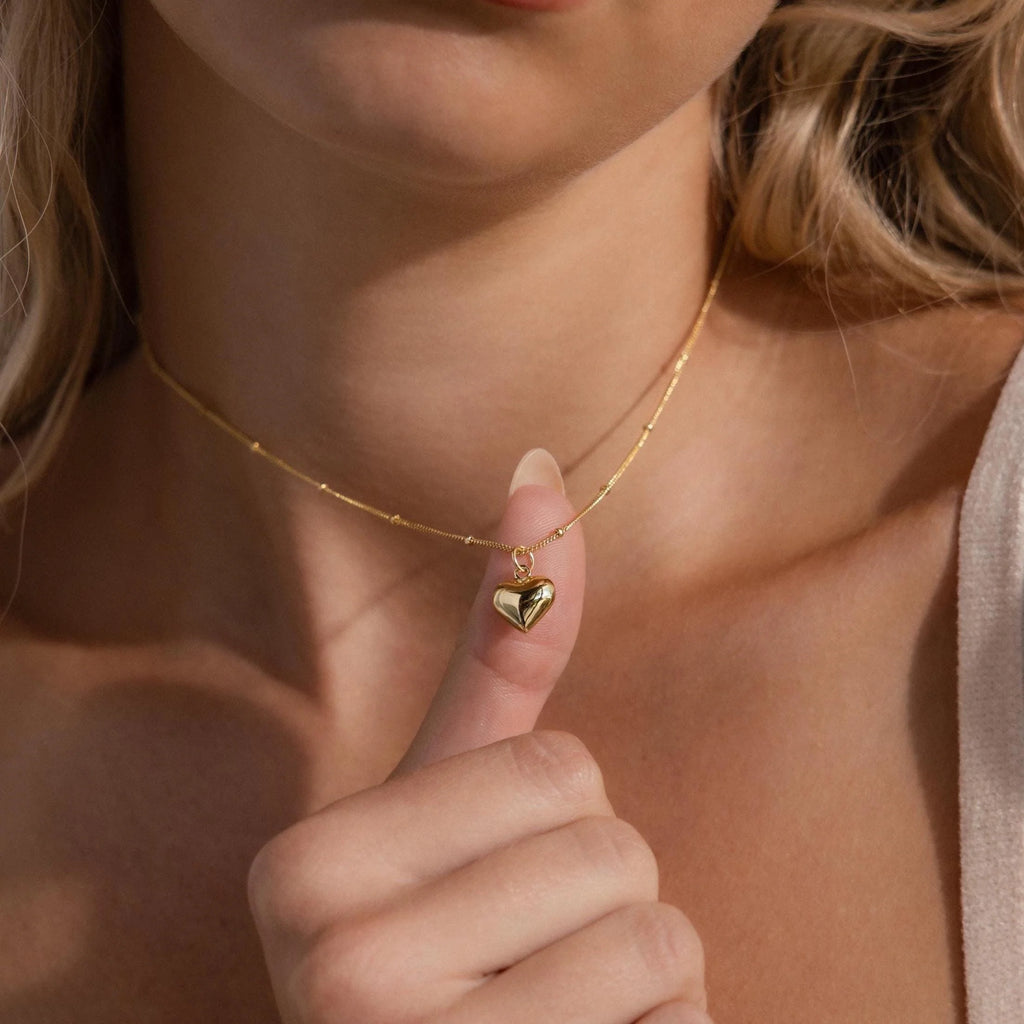 Puff Heart Charm Necklace Silver 18K Gold Plated