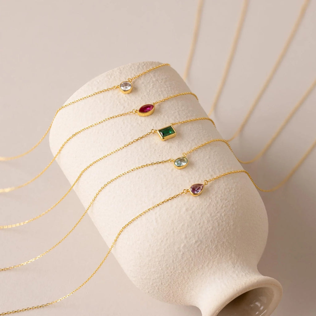 Custom Cut Birthstone Necklace Silver 18K Gold Plated