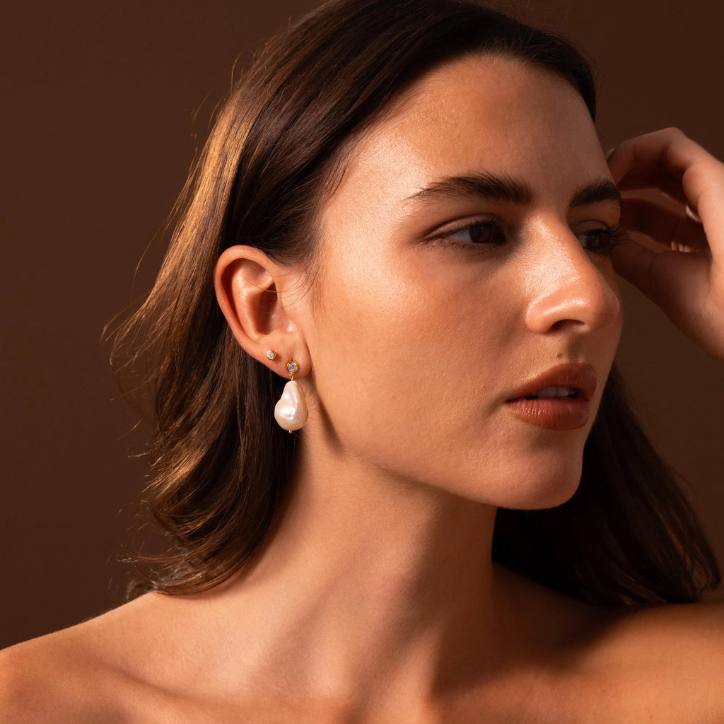 Diamond Baroque Pearl Studs Silver 18K Gold Plated