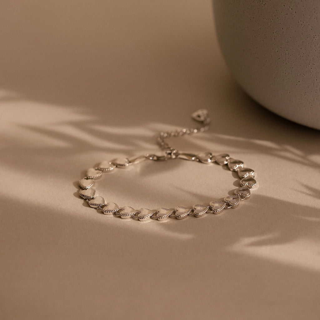 Ribbed Heart Link Bracelet Silver 18K Gold Plated