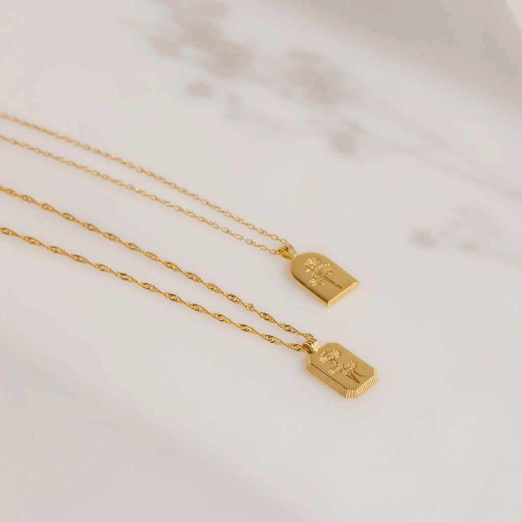 Ribbed Birth Flower Tag Necklace Silver 18K Gold Plated