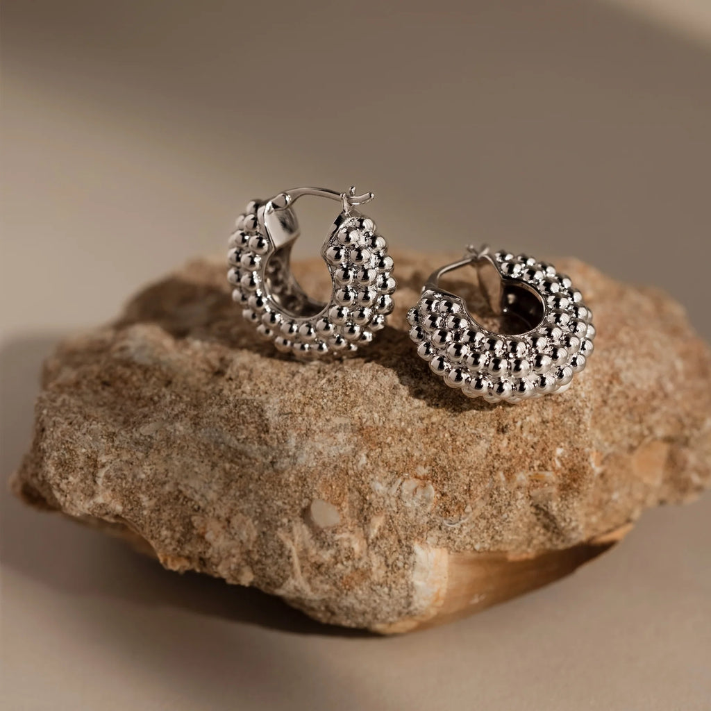 Beaded Dome Hoops Silver 18K Gold Plated
