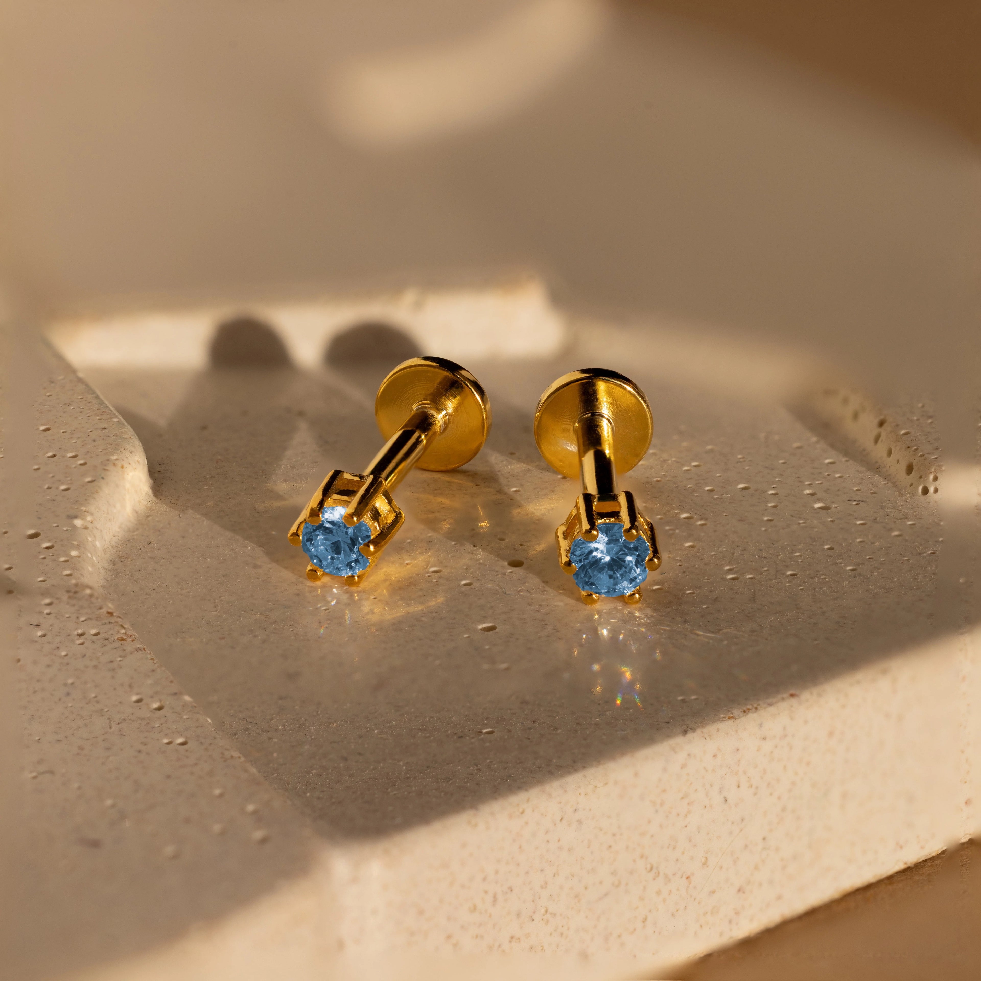 Blue Zircon Flatback Studs Silver 18K Gold Plated