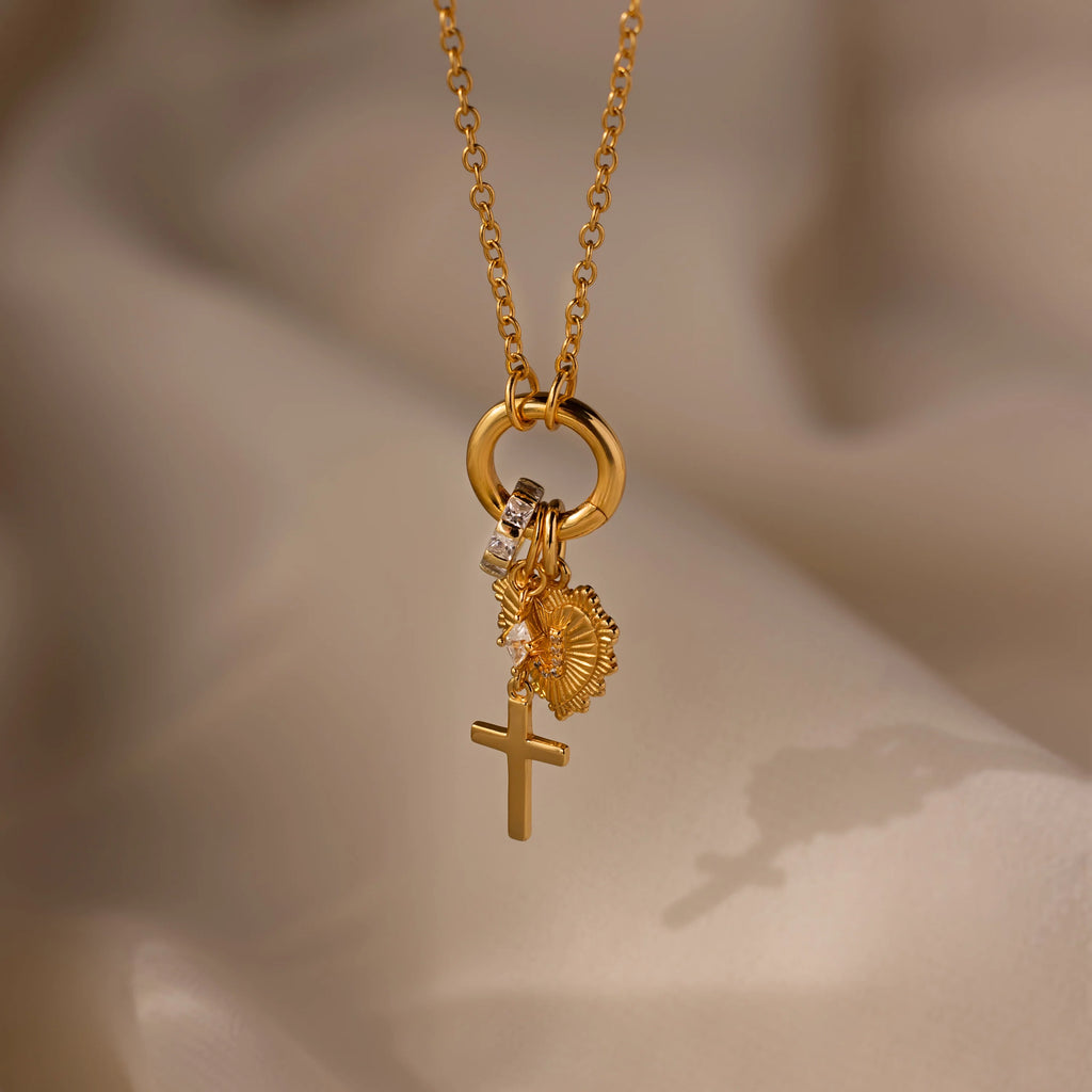 Diamond Drop Cross Charm Silver 18K Gold Plated