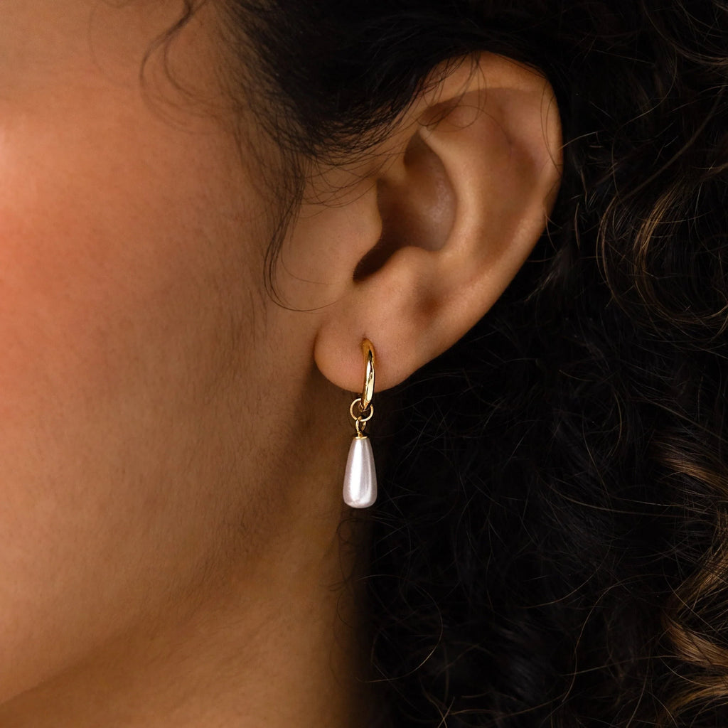 Dangling Pearl Huggies Silver 18K Gold Plated