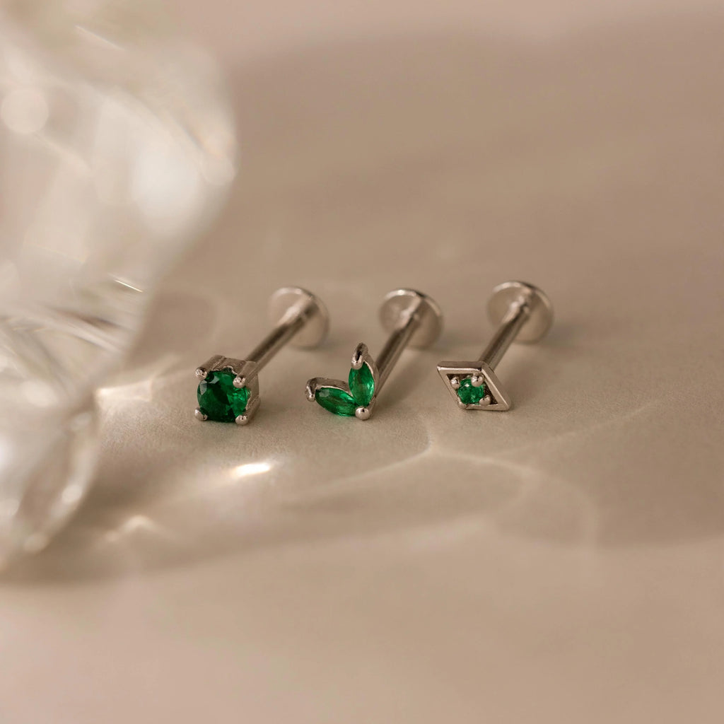 Emerald Flat Back Earring Set Silver 18K Gold Plated