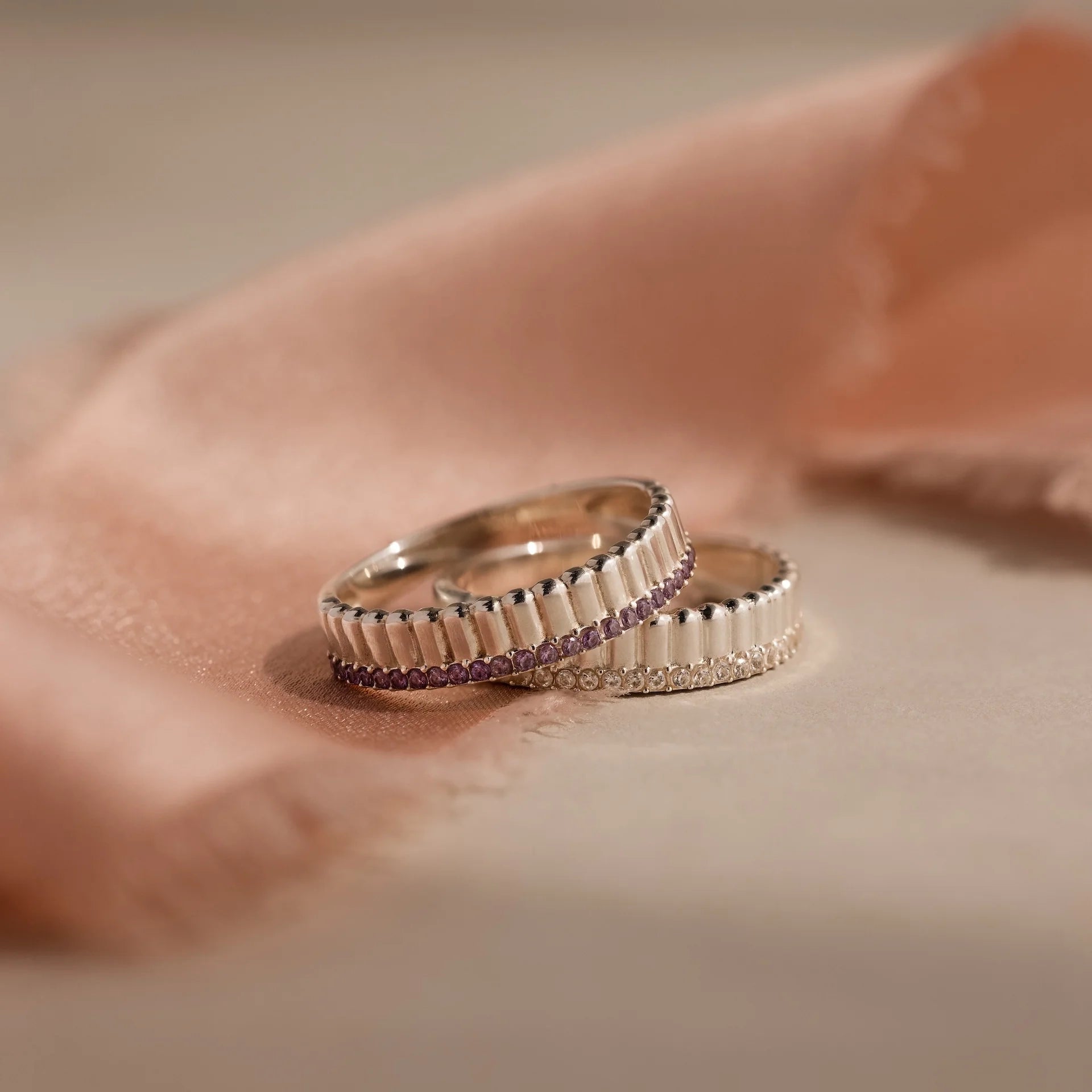 Ribbed Diamond Stack Ring Silver 18K Gold Plated
