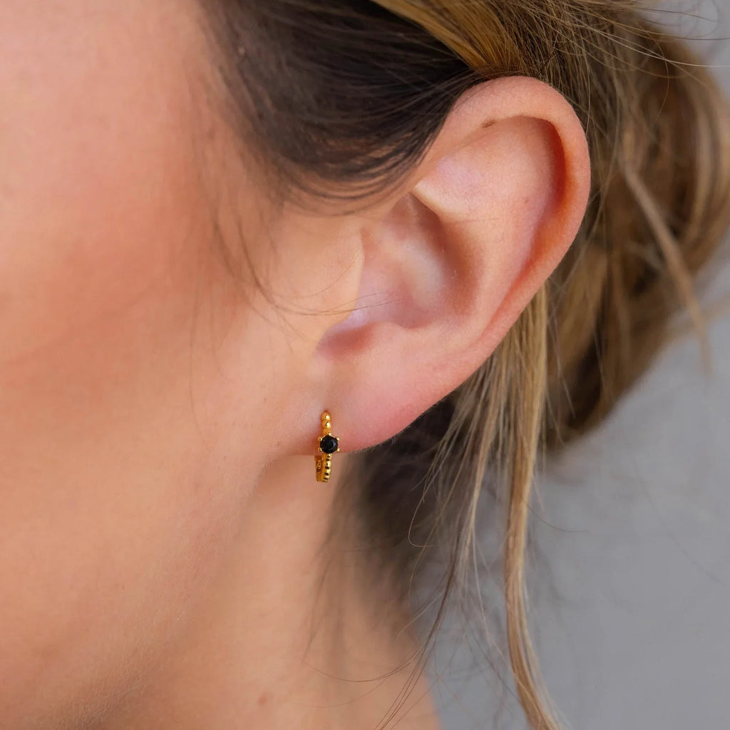 Onyx Beaded Huggies Silver 18K Gold Plated