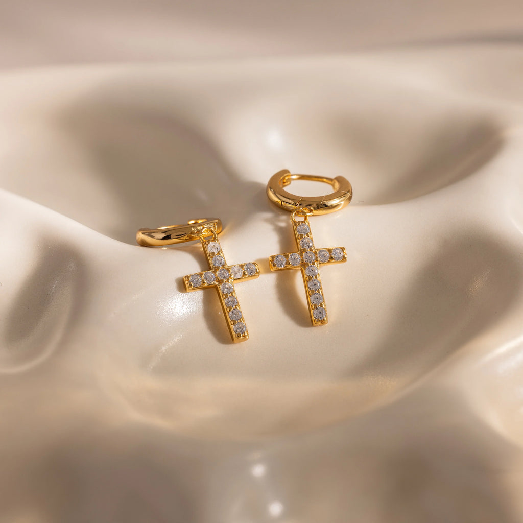 Diamond Pave Cross Hoops Silver 18K Gold Plated
