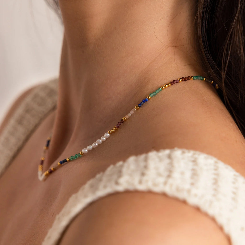 Rainbow Beaded Necklace Silver 18K Gold Plated