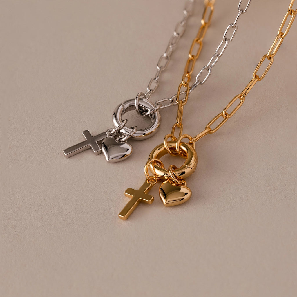Cross & Heart Charm Bracelet blends Silver 18K Gold Plated