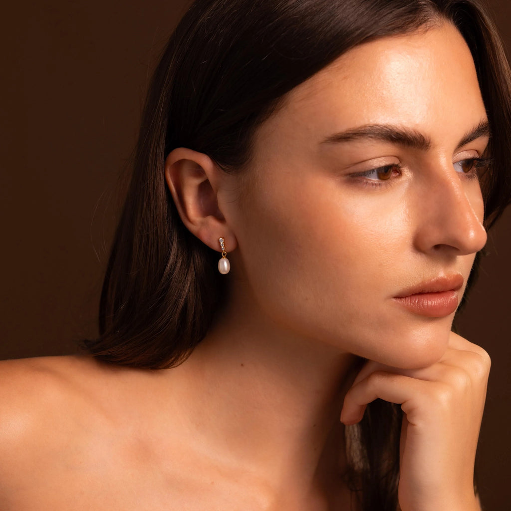 Diamond Pearl Droplet Earrings Silver 18K Gold Plated