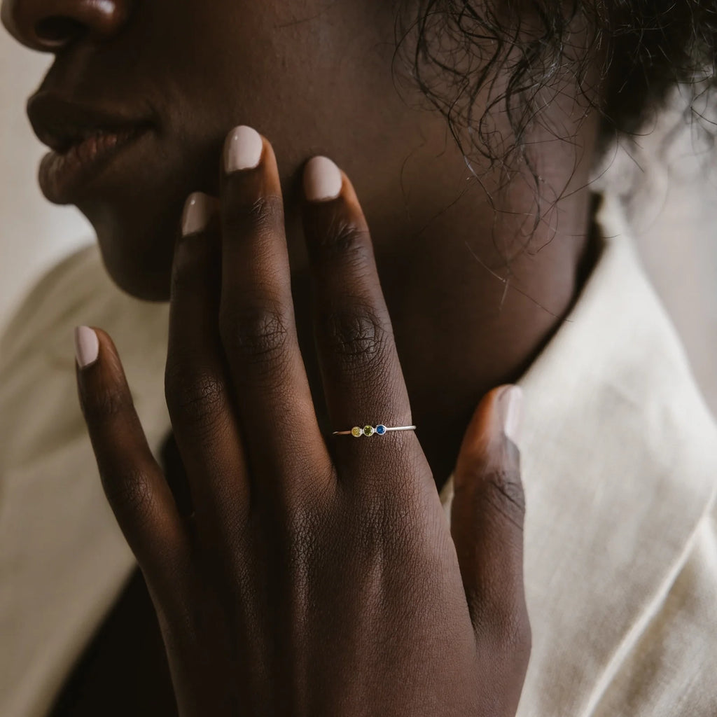Tiny Triple Birthstone Ring Silver 18K Gold Plated