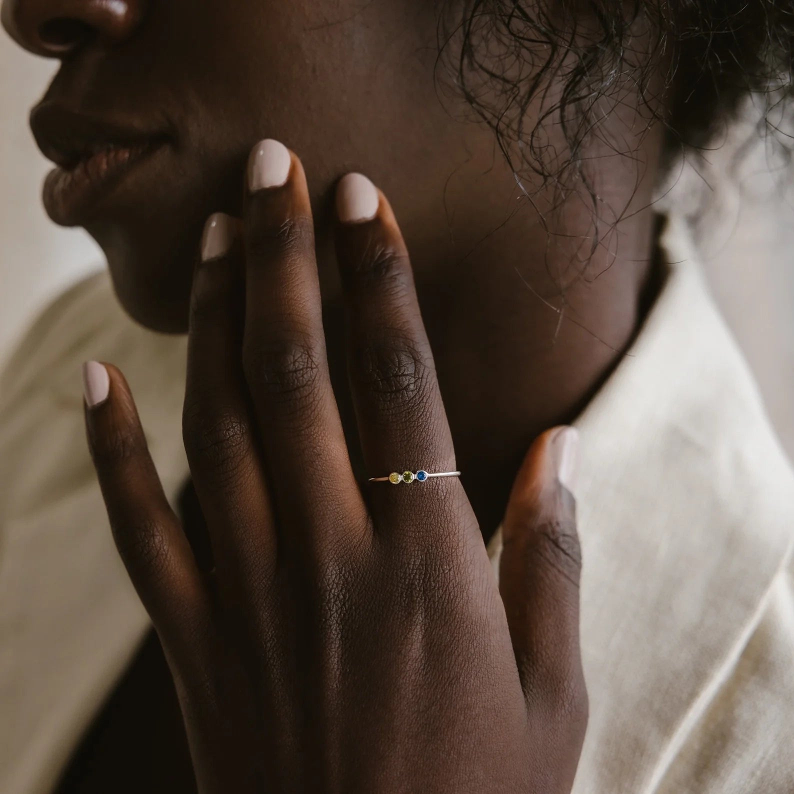Tiny Triple Birthstone Ring Silver 18K Gold Plated