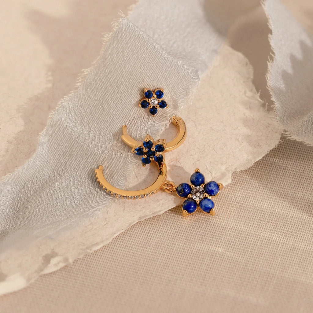 Sapphire Flower Earrings Set Silver 18K Gold Plated