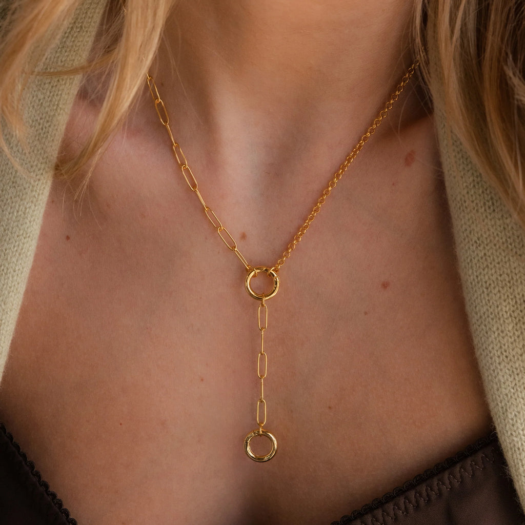 Rolo Lariat Paperclip Clasp Necklace Silver 18K Gold Plated