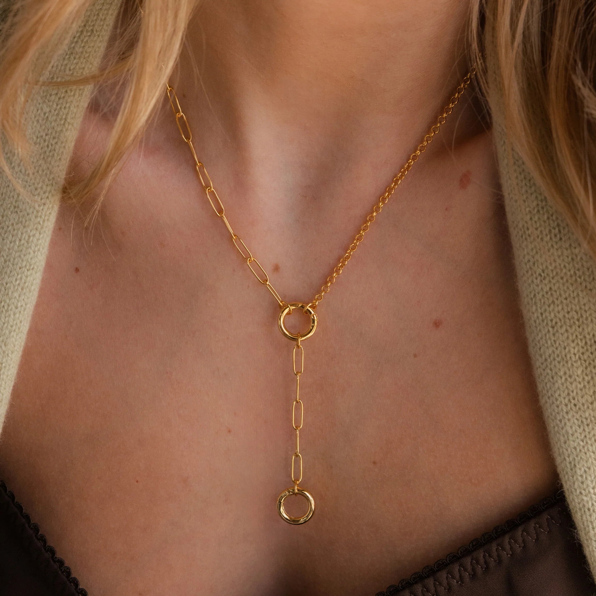 Rolo Lariat Paperclip Clasp Necklace Silver 18K Gold Plated